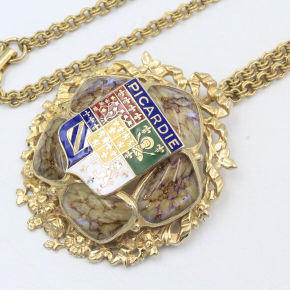 Accesocraft Picardie Royal Coat Of Arms Of France Three Red Lion Brooch Necklace - Picture 9 of 10